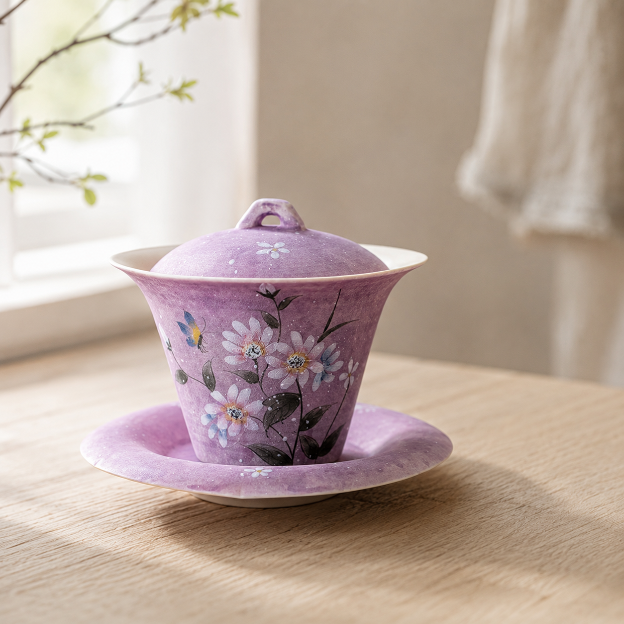 Pink Chrysanthemum Gaiwan – Hand-Painted Ceramic Tea Cup with Lid