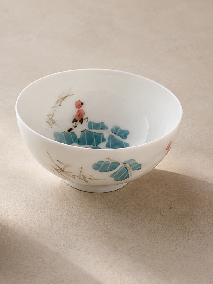 Bird hand-painted Jingdezhen porcelain tea cup shown individually on a light background