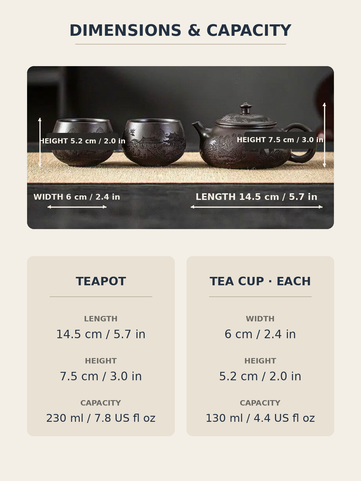 English dimension diagram for the Fengming zisha teapot and two matching tea cups, showing size and capacity