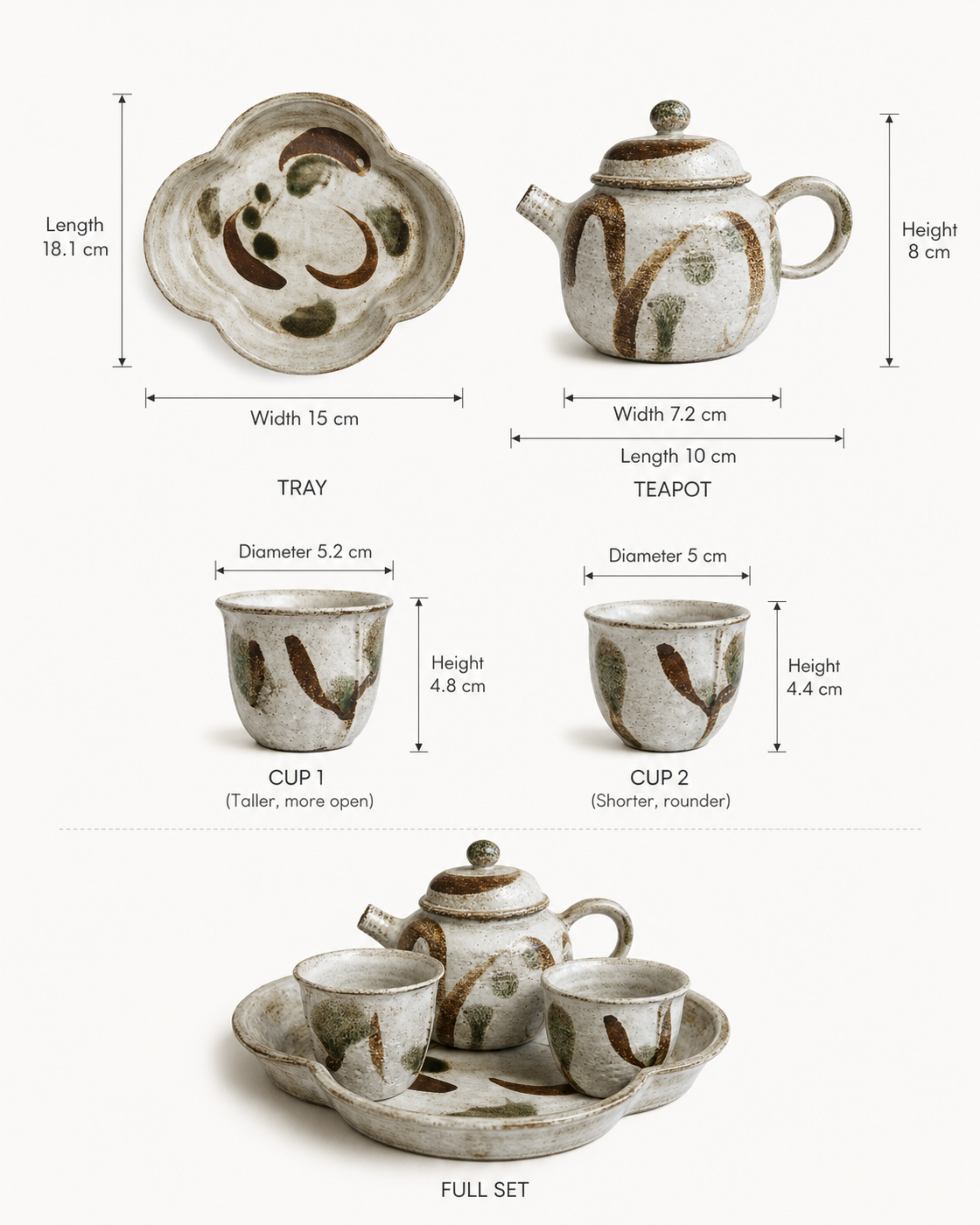 Dimensions of the teapot, two cups and petal-shaped tray in the four-piece tea set