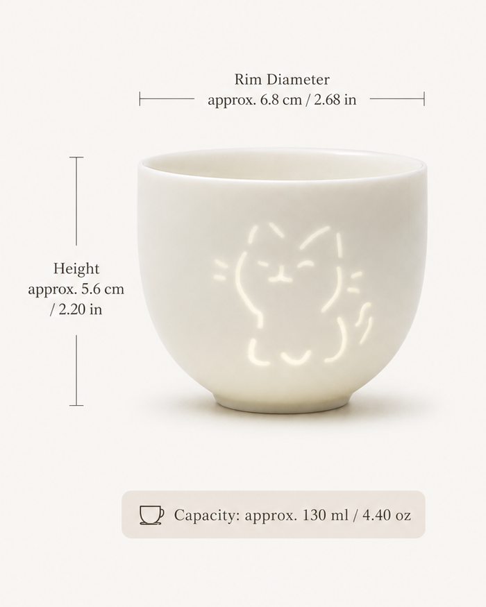Dimensions and approximately 130 ml capacity of the Linglong porcelain cat tea cup