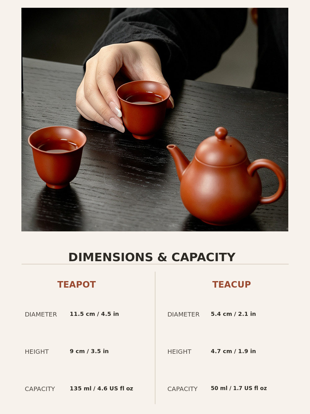 Dimensions and capacity of the pear-shaped red clay teapot and two tasting cups