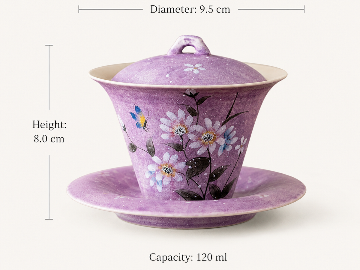 Size guide showing approximately 9.5 cm diameter, 8.0 cm height and 120 ml capacity for the lavender daisy gaiwan