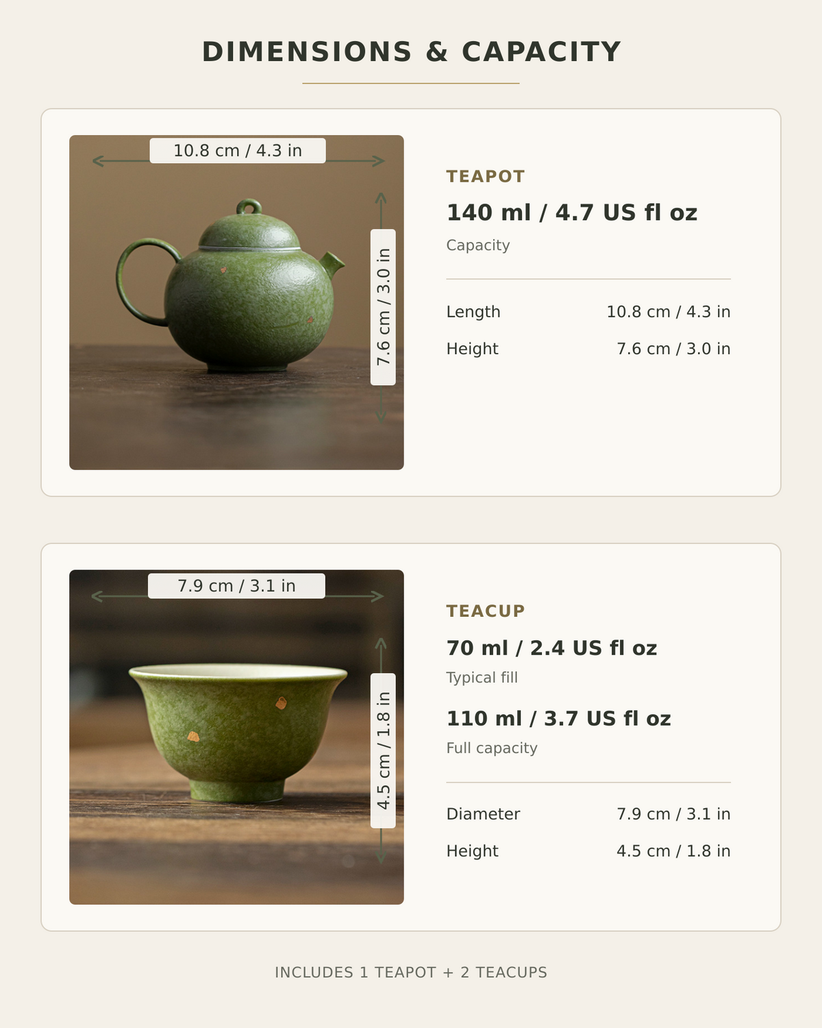Dimensions and capacity of the 140 ml teapot and two Yashou-style teacups
