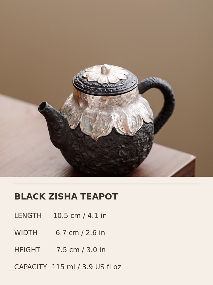 Black zisha teapot size chart with length, width, height, and capacity