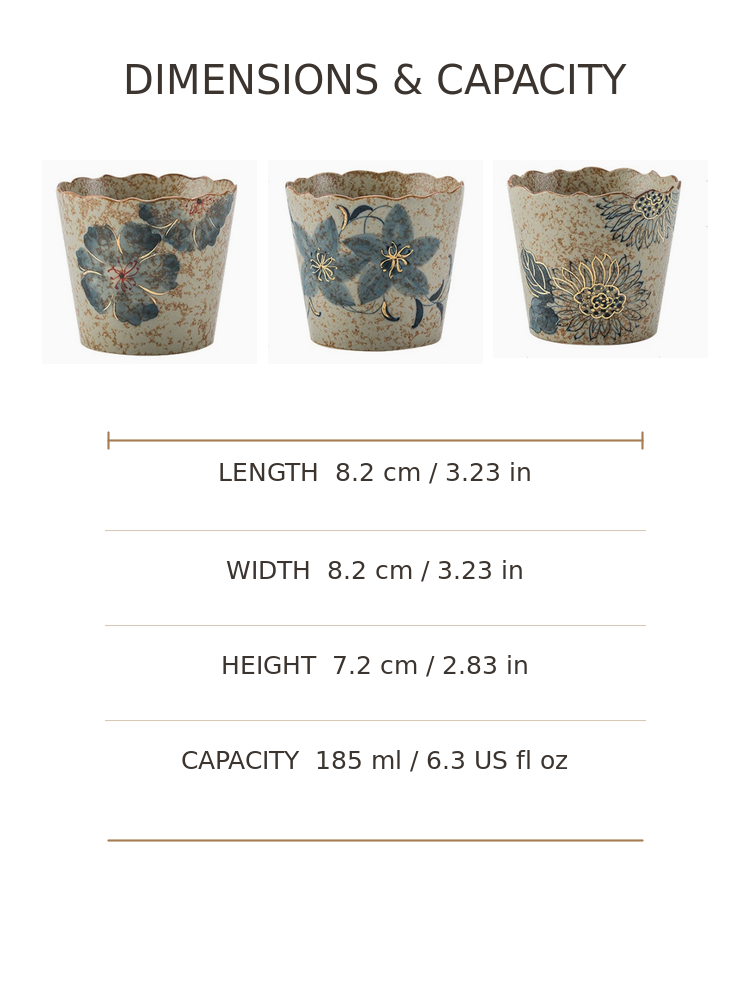 Dimension chart for three 185 ml hand-painted ceramic coffee cup designs