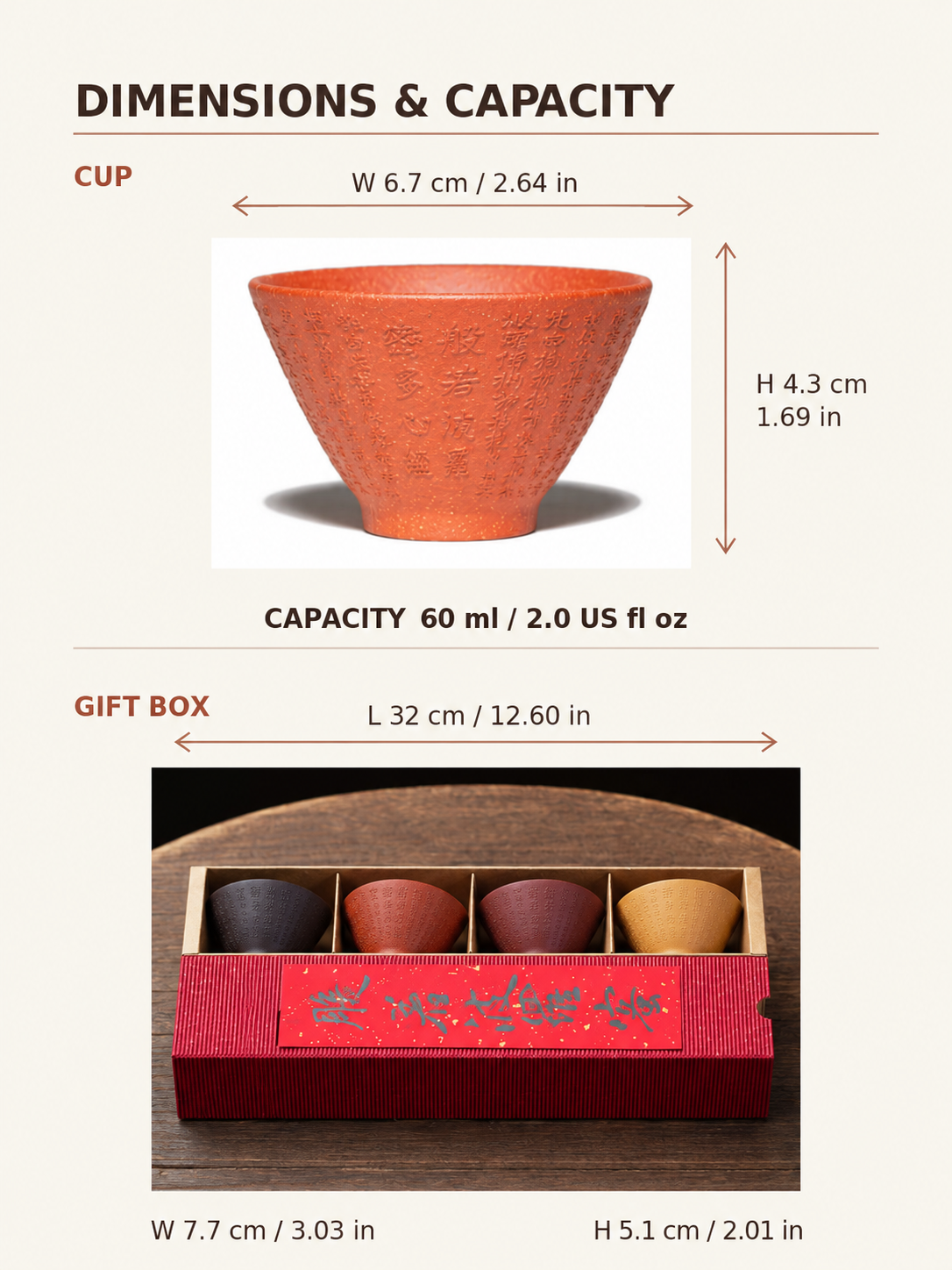 Dimension guide for the zisha tea cup and red gift box with cup capacity