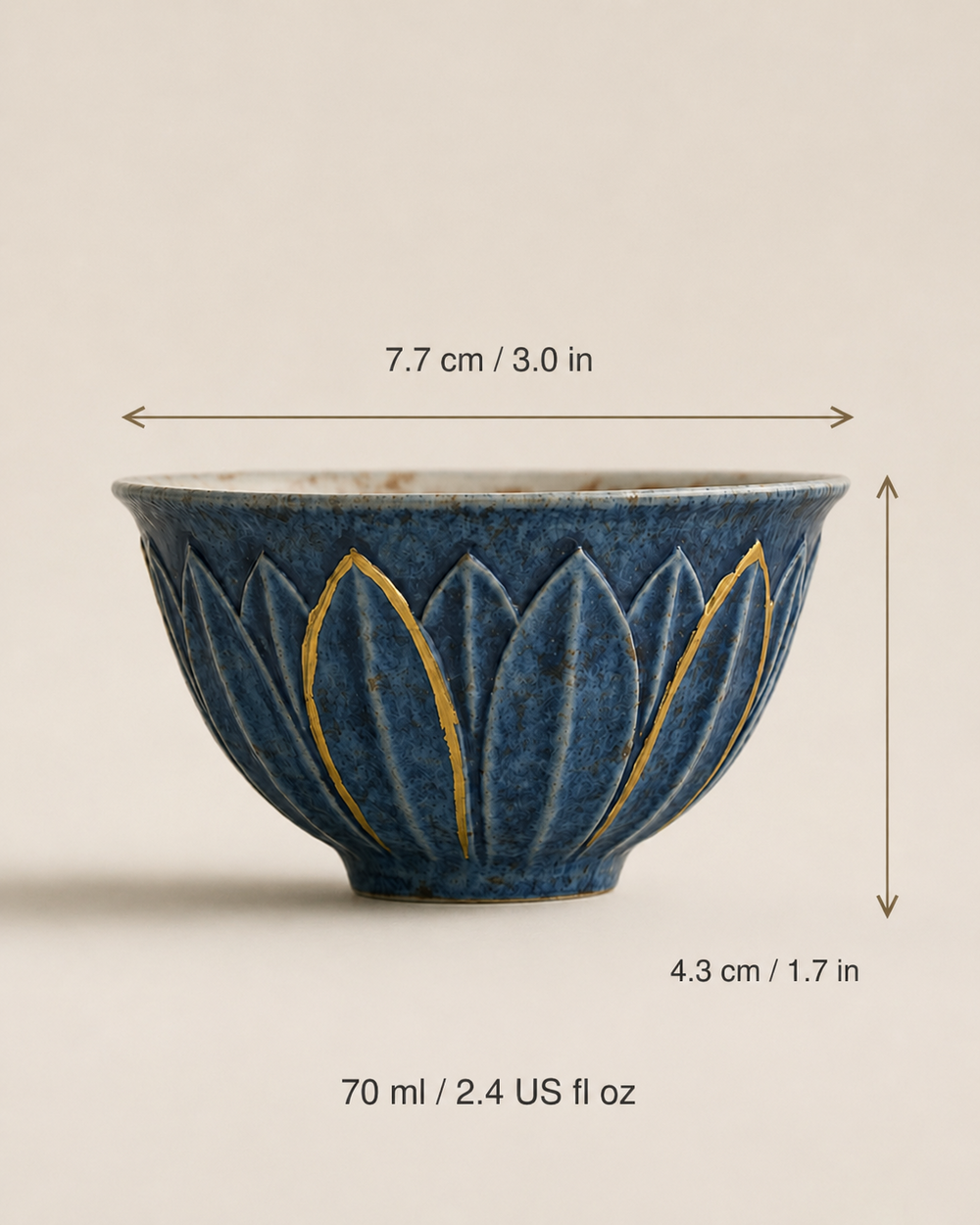 Dimensions of the blue lotus relief gongfu tea cup: 7.7 cm rim, 4.3 cm high and 70 ml capacity
