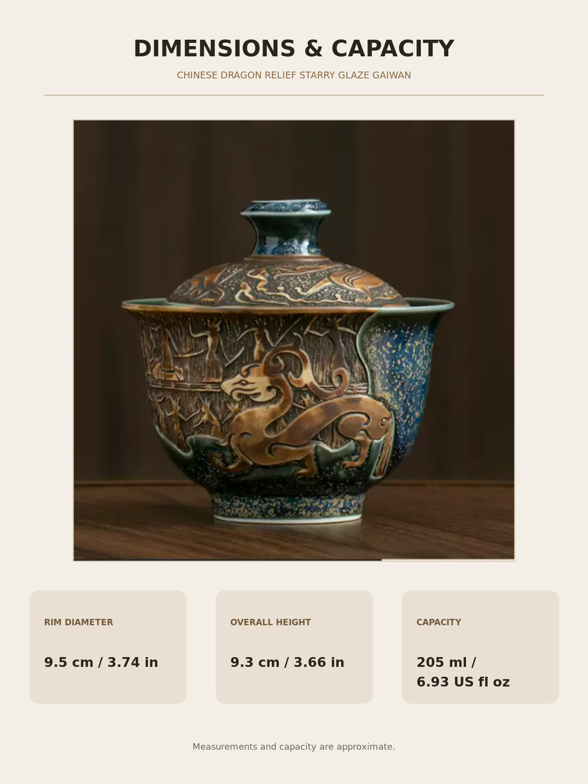 Dimensions and capacity of the Chinese dragon relief starry glaze gaiwan