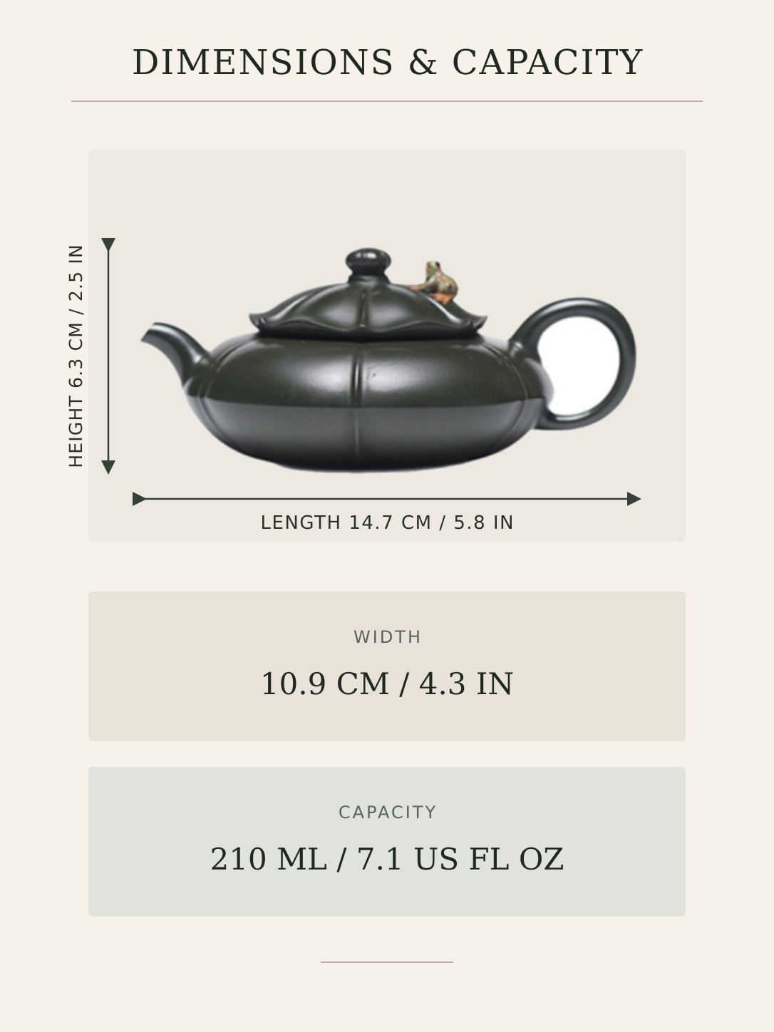 Frog and lotus leaf zisha teapot dimension diagram showing length, width, height and capacity