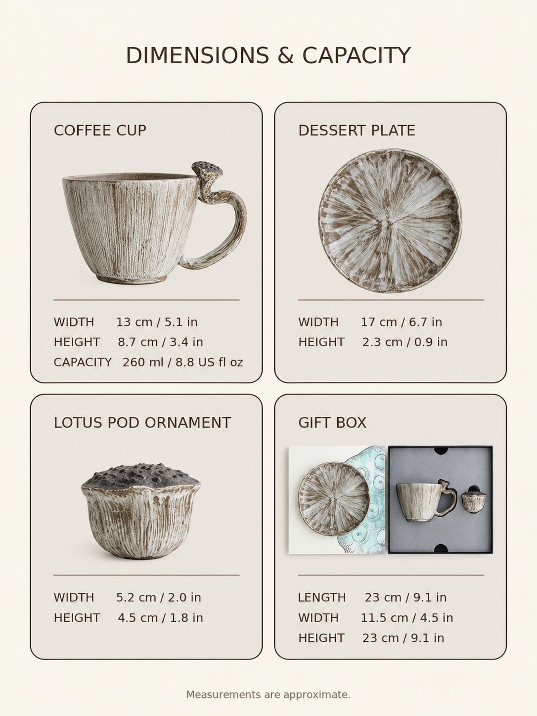 English dimensions and capacity chart for the Jingdezhen lotus pod ceramic coffee cup gift set