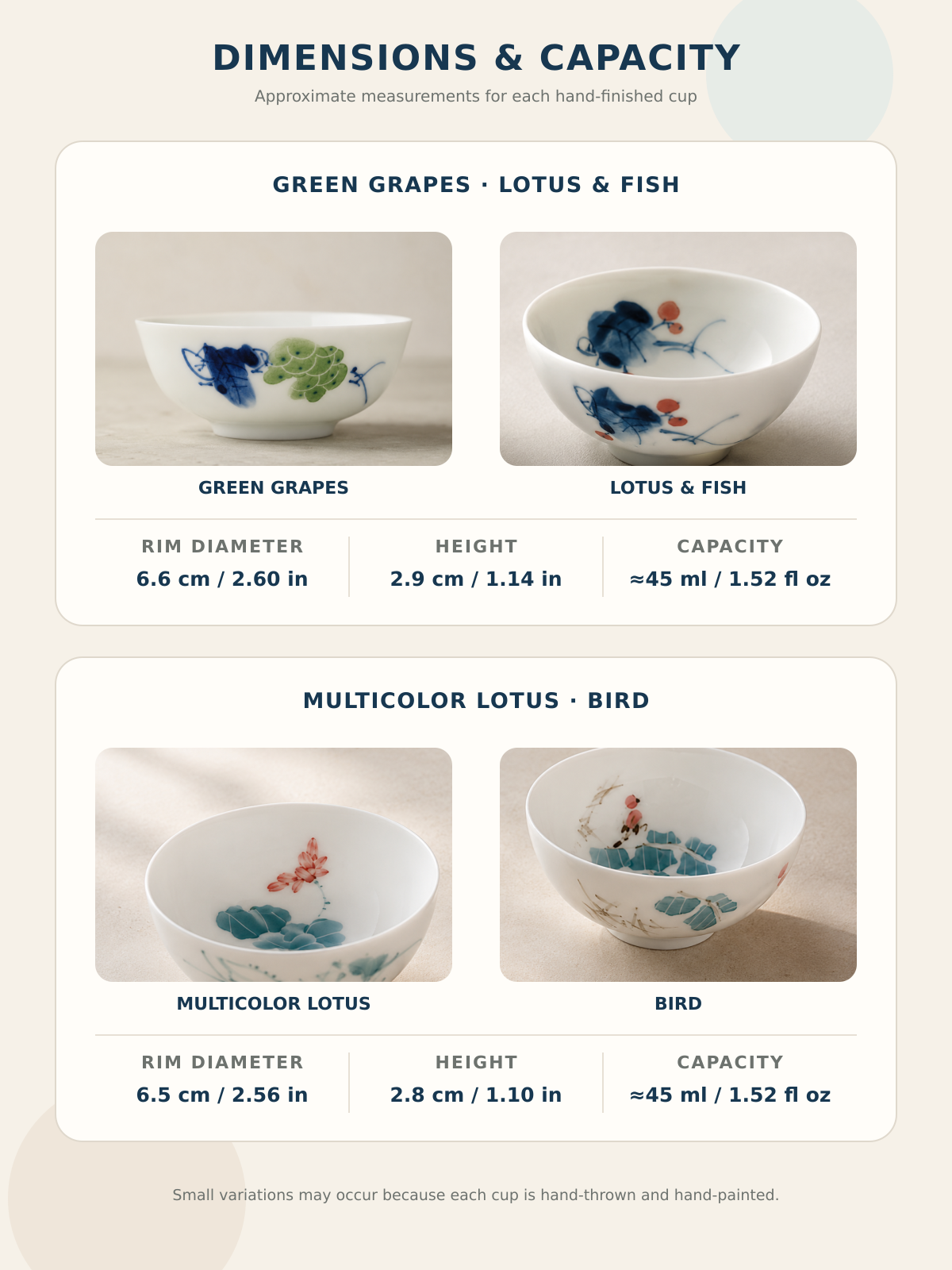 Dimensions and capacity guide for the four hand-painted Jingdezhen porcelain tea cup designs