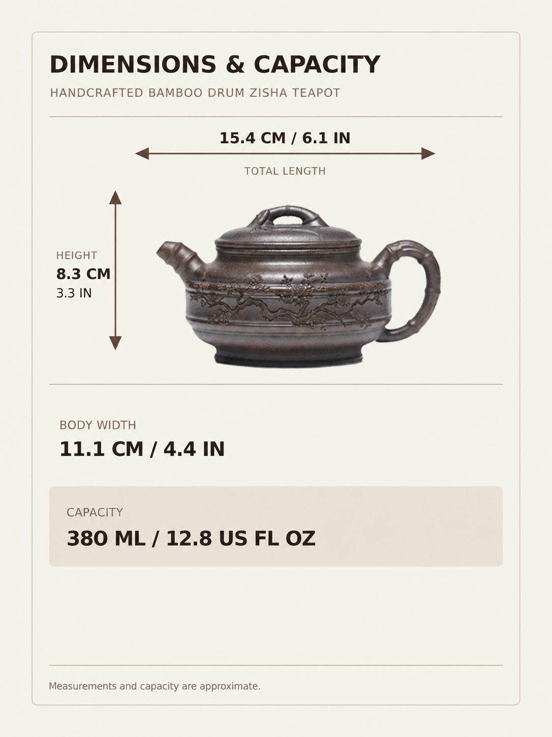 Bamboo drum zisha teapot dimensions: 15.4 cm long, 11.1 cm wide, 8.3 cm high, with a 380 ml capacity