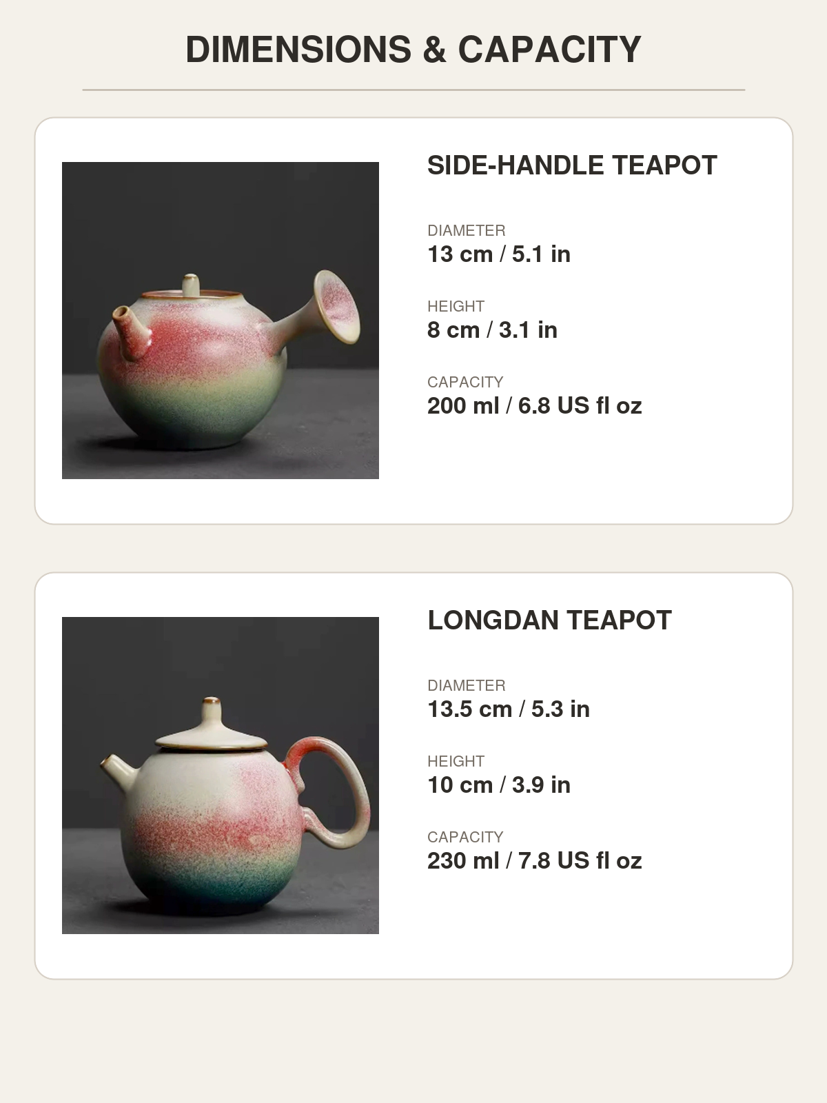 Size and capacity guide for side-handle and Longdan ceramic teapots