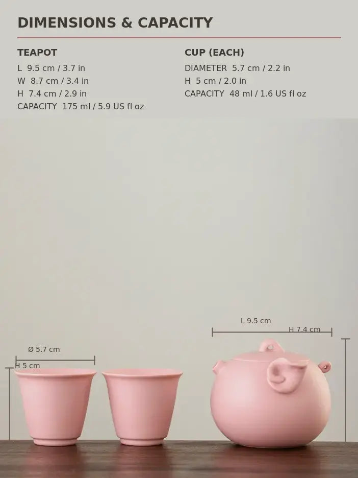 Pink zisha pig teapot set dimensions and capacity chart