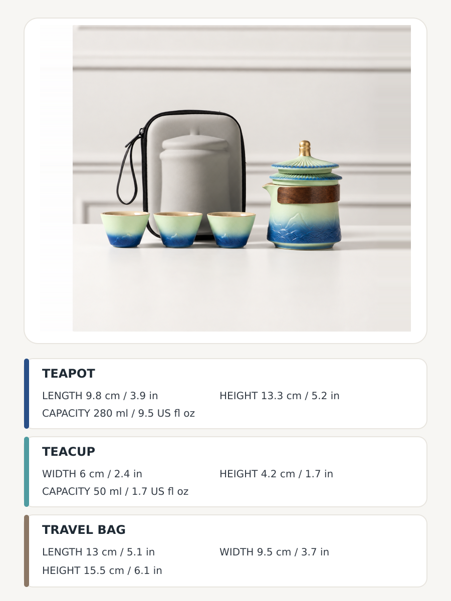 Travel tea set dimensions for teapot, cup and gray carry bag