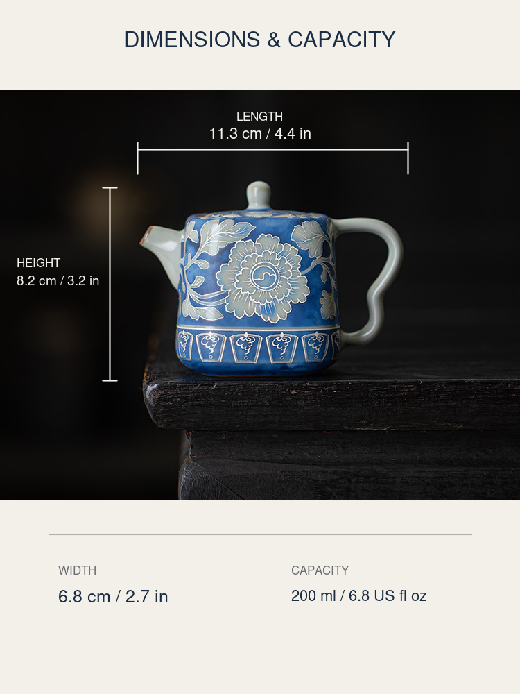 Dimension chart for the blue peony teapot with length, width, height, and capacity