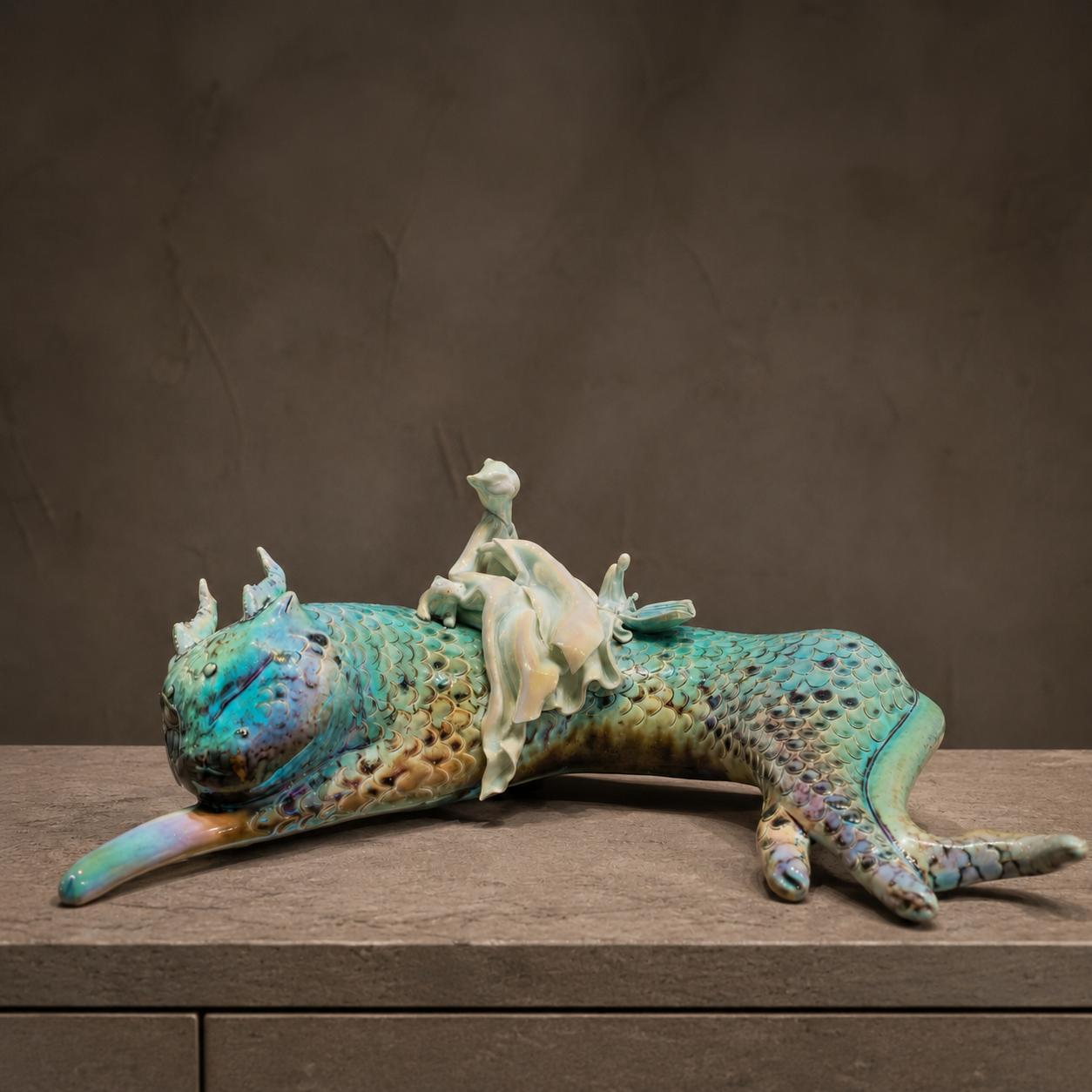 Surrealist Hand-Painted Mythological Statue— One-of-One Handmade Ceramic Auspicious Beast Sculpture