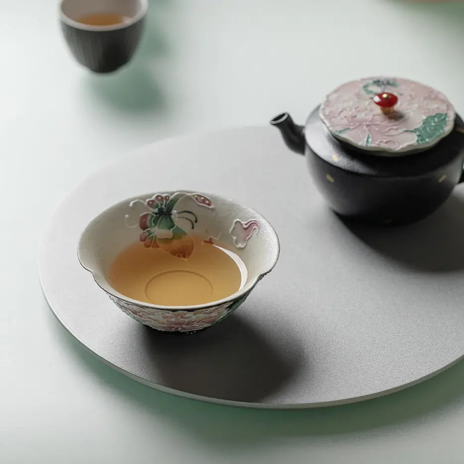 Hand-Painted Raised Peony Ceramic Teapot – 120ml, Optional Flower-Rim Cup