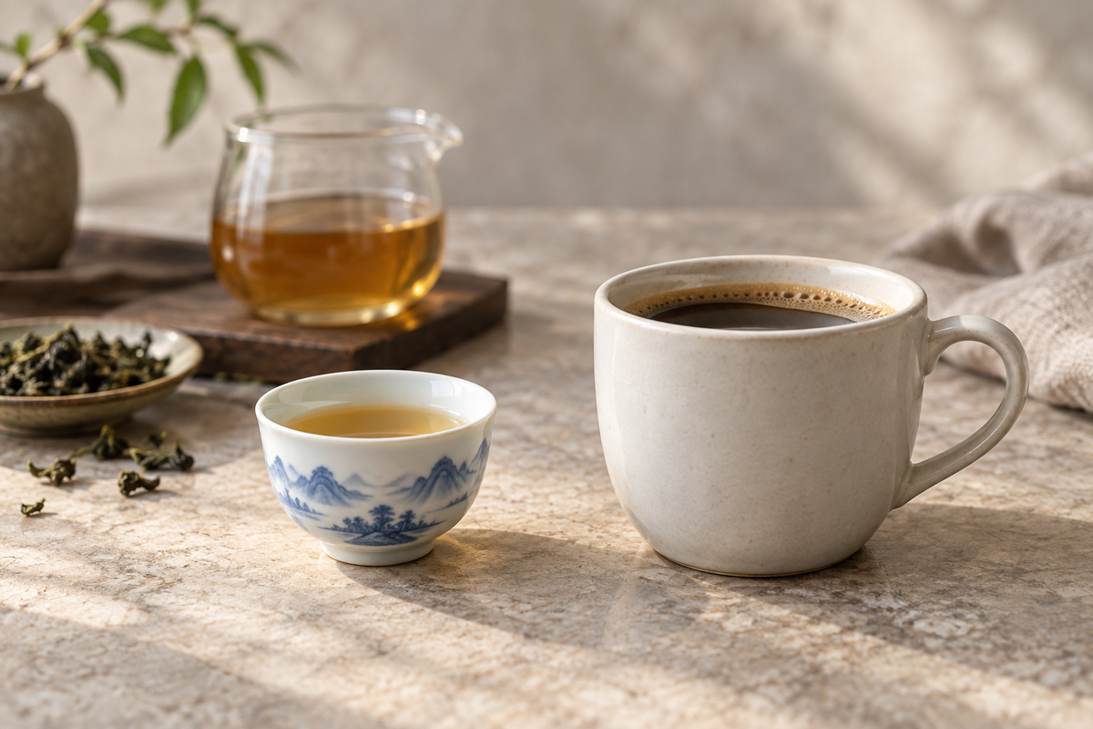 A hand holding a small blue-and-white porcelain tea cup without a handle