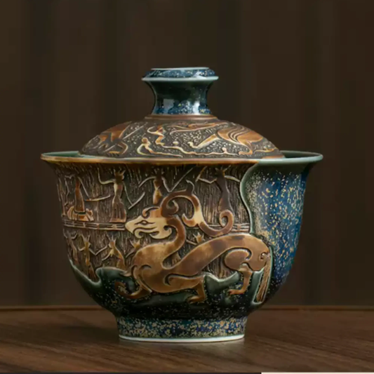 Chinese Dragon Relief Starry Glaze Gaiwan