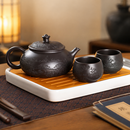 Fengming Yixing zisha teapot gift set with two carved landscape tea cups on a bamboo tea tray
