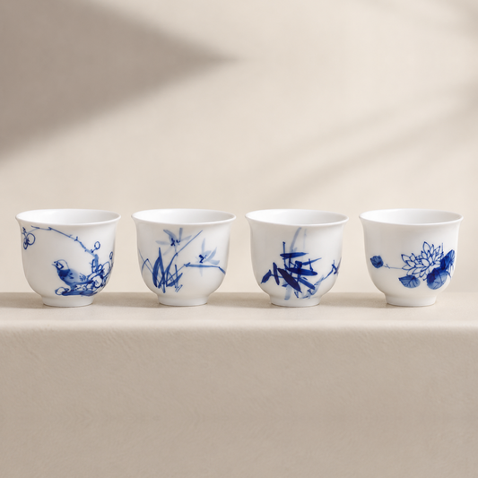 Jingdezhen Hand-Painted Blue-and-White Four Gentlemen Tea Cup Gift Set