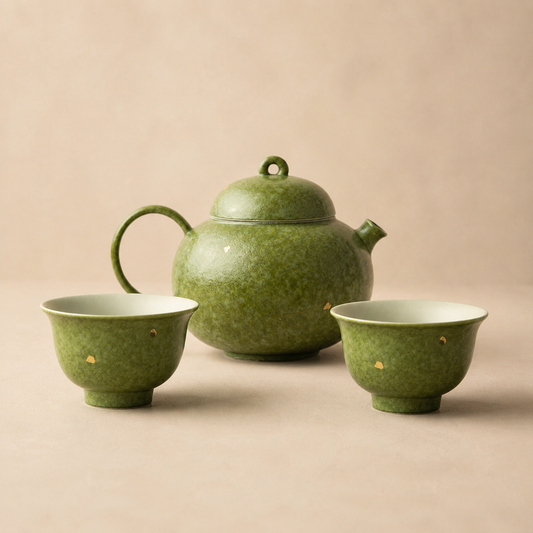 Green mineral glaze tea set for two with one rounded teapot and two matching Yashou-style cups