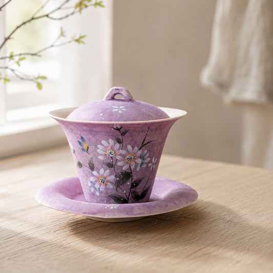 Pink Chrysanthemum Gaiwan – Hand-Painted Ceramic Tea Cup with Lid