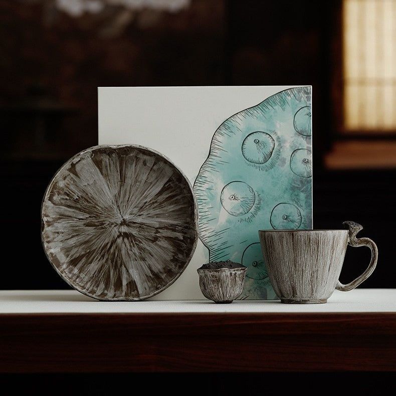 Handmade Jingdezhen lotus pod ceramic coffee cup gift set with round plate, ornament, and patterned gift box