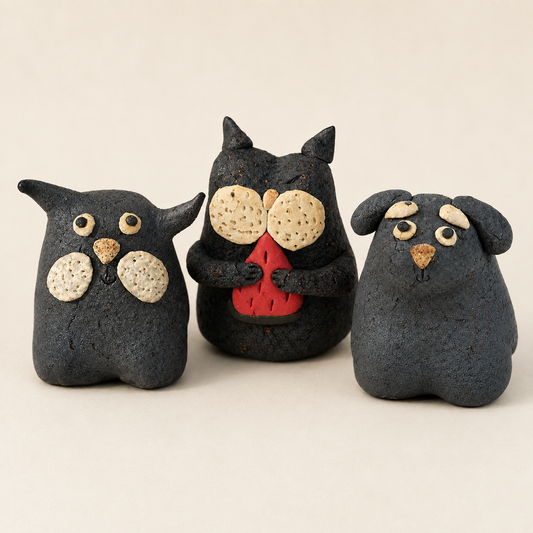 Three hand-pinched Little Coal Ball tea pet figurines on a warm ivory background