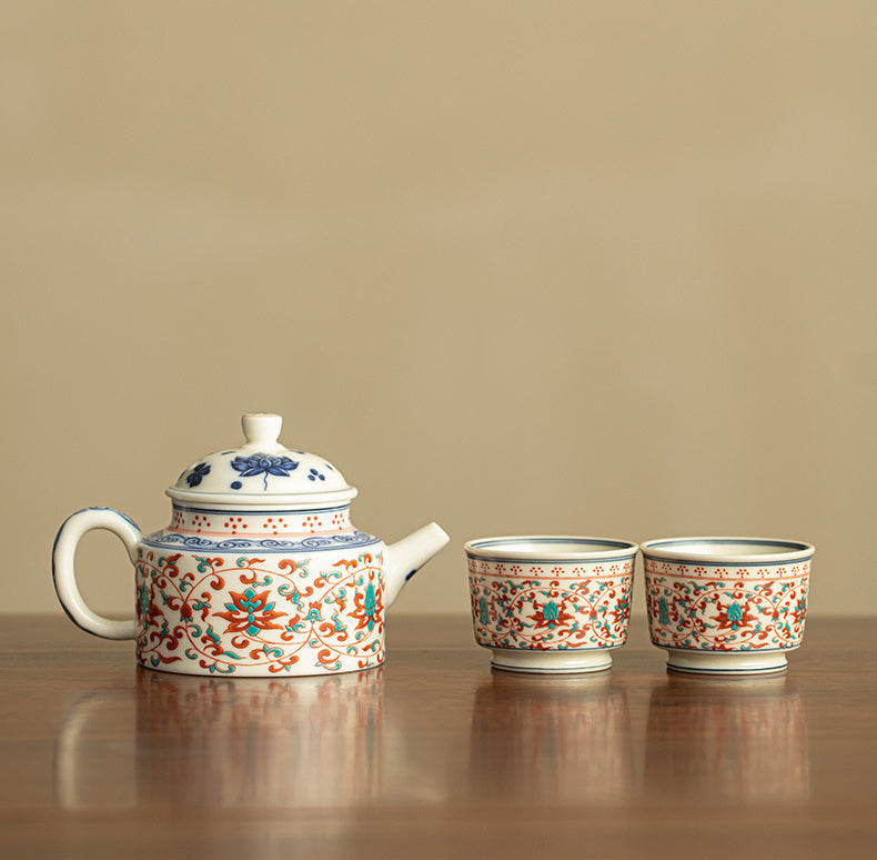 Jingdezhen lotus ceramic tea set with one teapot and two matching cups