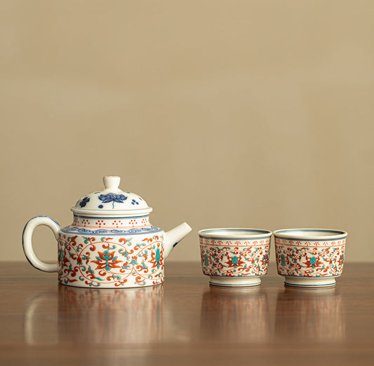 Jingdezhen lotus ceramic tea set with one teapot and two matching cups
