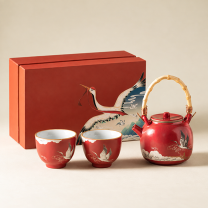 Chinese red crane ceramic tea set with teapot, two cups, and gift box
