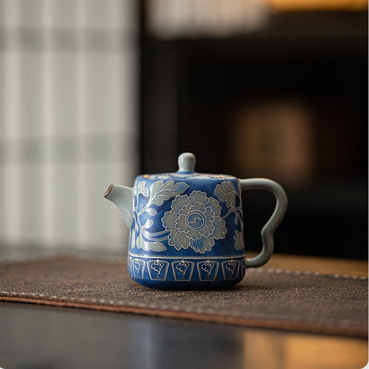 Handmade Blue Crackle Glaze Peony Ceramic Teapot