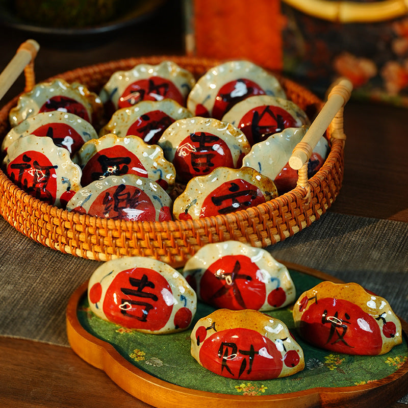 Hand-Painted Good Fortune Ceramic Pebble Set - angle front
