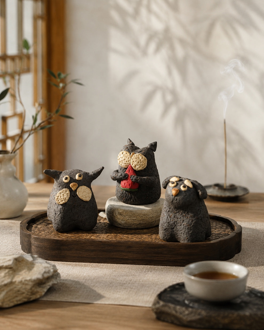 Black Clay Owl Ceramic Figurine Set - angle front