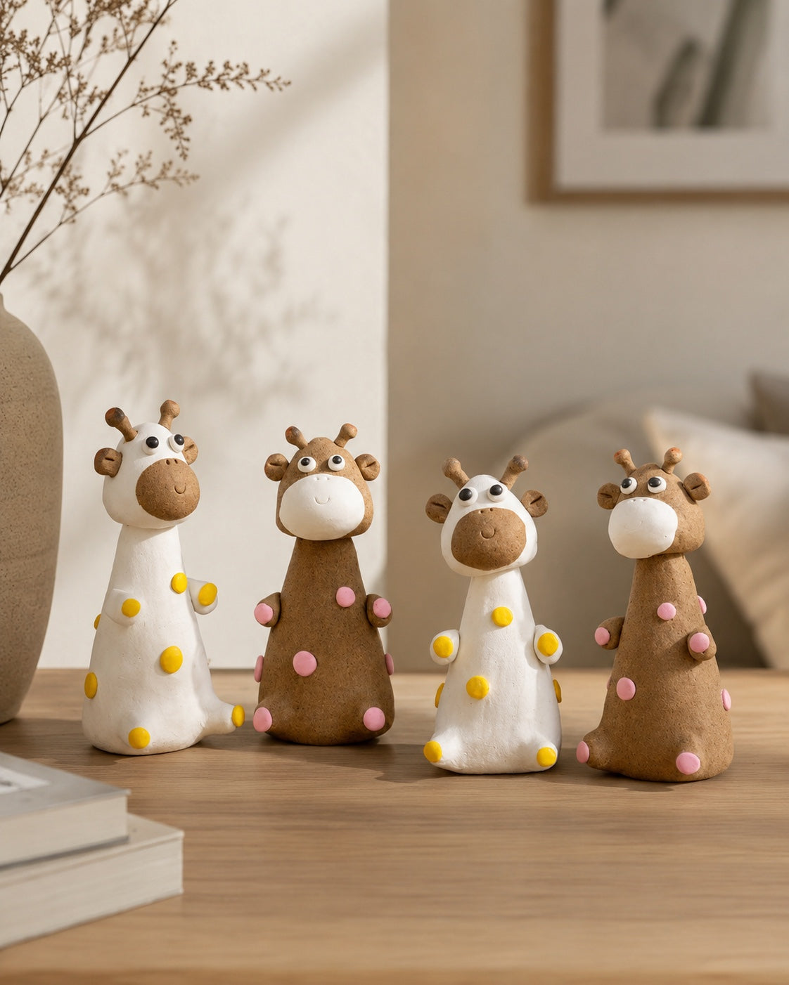 Handmade Ceramic Giraffe Figurine Set - angle front