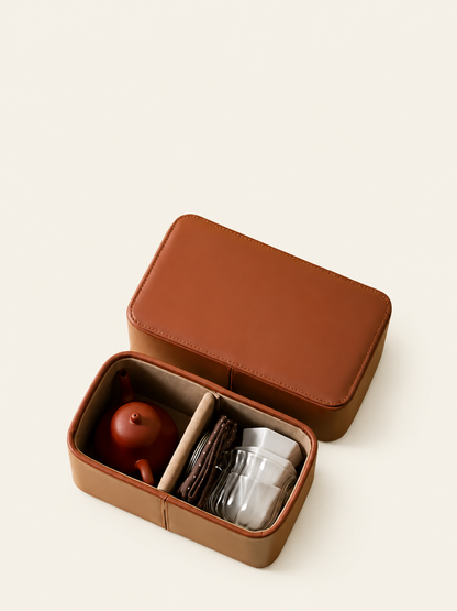 Portable zisha tea set packed inside an open divided brown storage case
