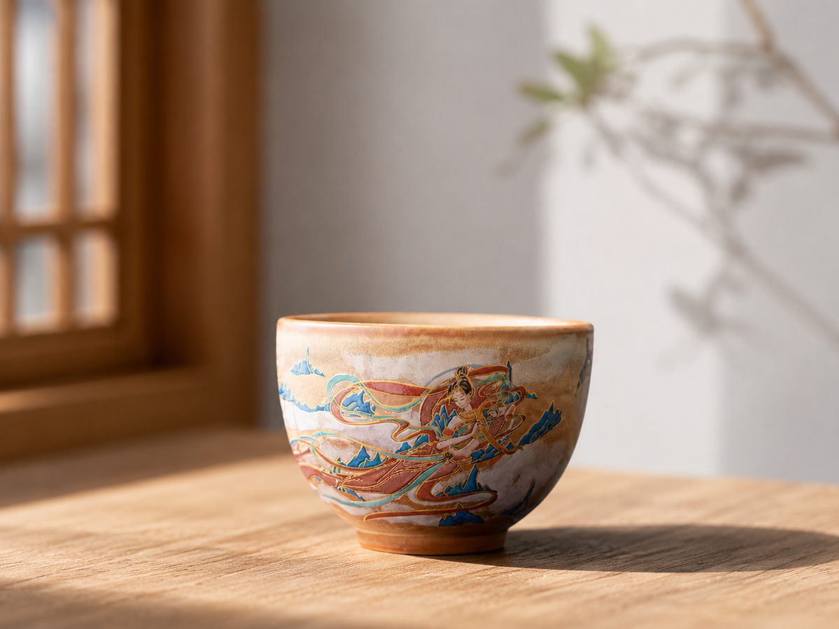 Dunhuang-inspired tea cup showing wraparound celestial figure, ribbon and mountain motifs