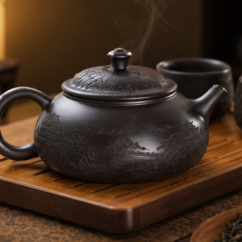 Dark brown Fengming zisha teapot with carved mountains, bridge, and pavilions on a wooden tea tray
