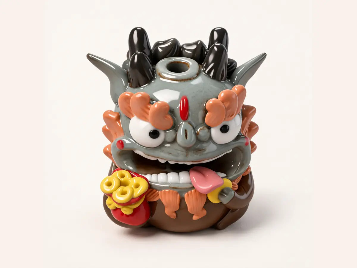 Front view of the Fortune ceramic Pixiu incense holder with a red money pouch