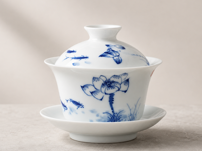 Complete three-piece blue and white lotus gaiwan with lid, bowl and saucer