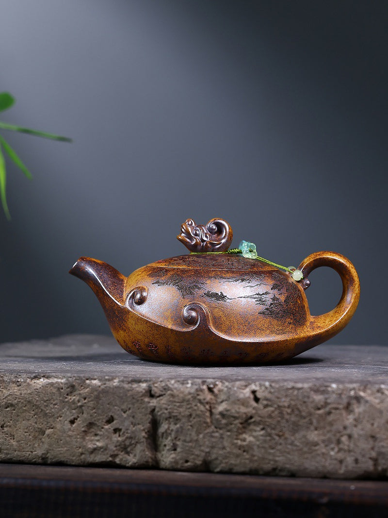 Opposite side view of the Yixing zisha teapot showing its short spout, round handle, and wood-fired surface
