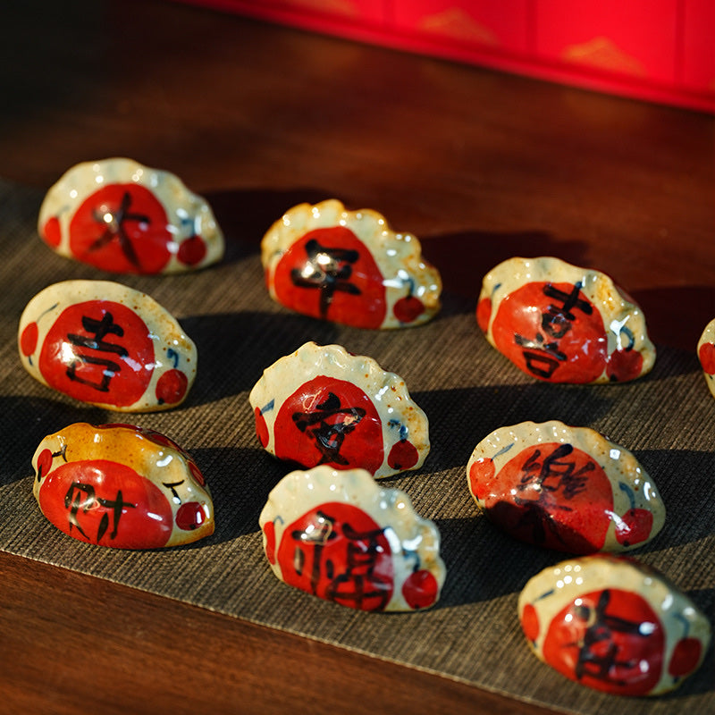 Hand-Painted Good Fortune Ceramic Pebble Set - angle side