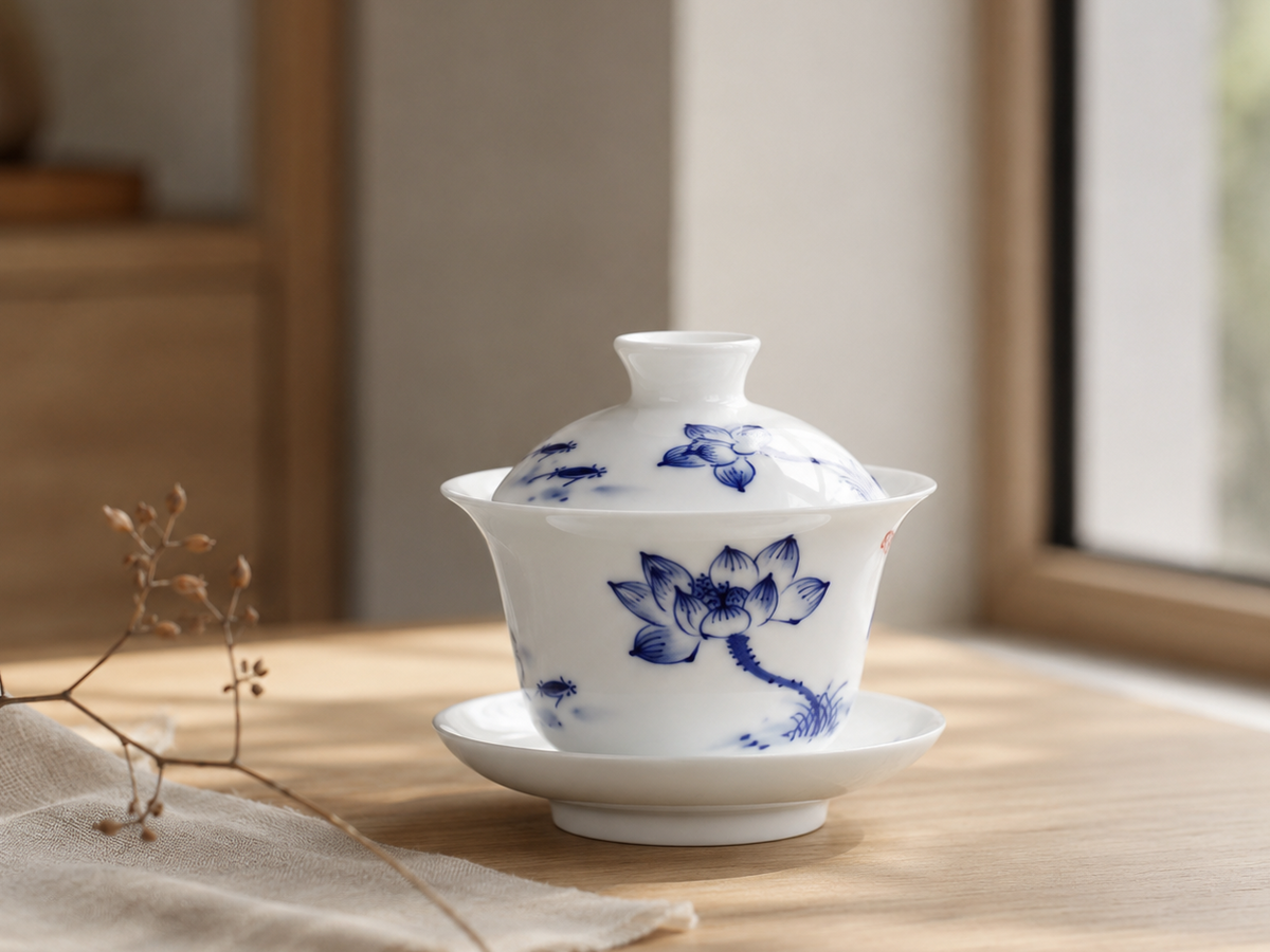Hand-painted blue and white lotus gaiwan on a sunlit wooden tea table
