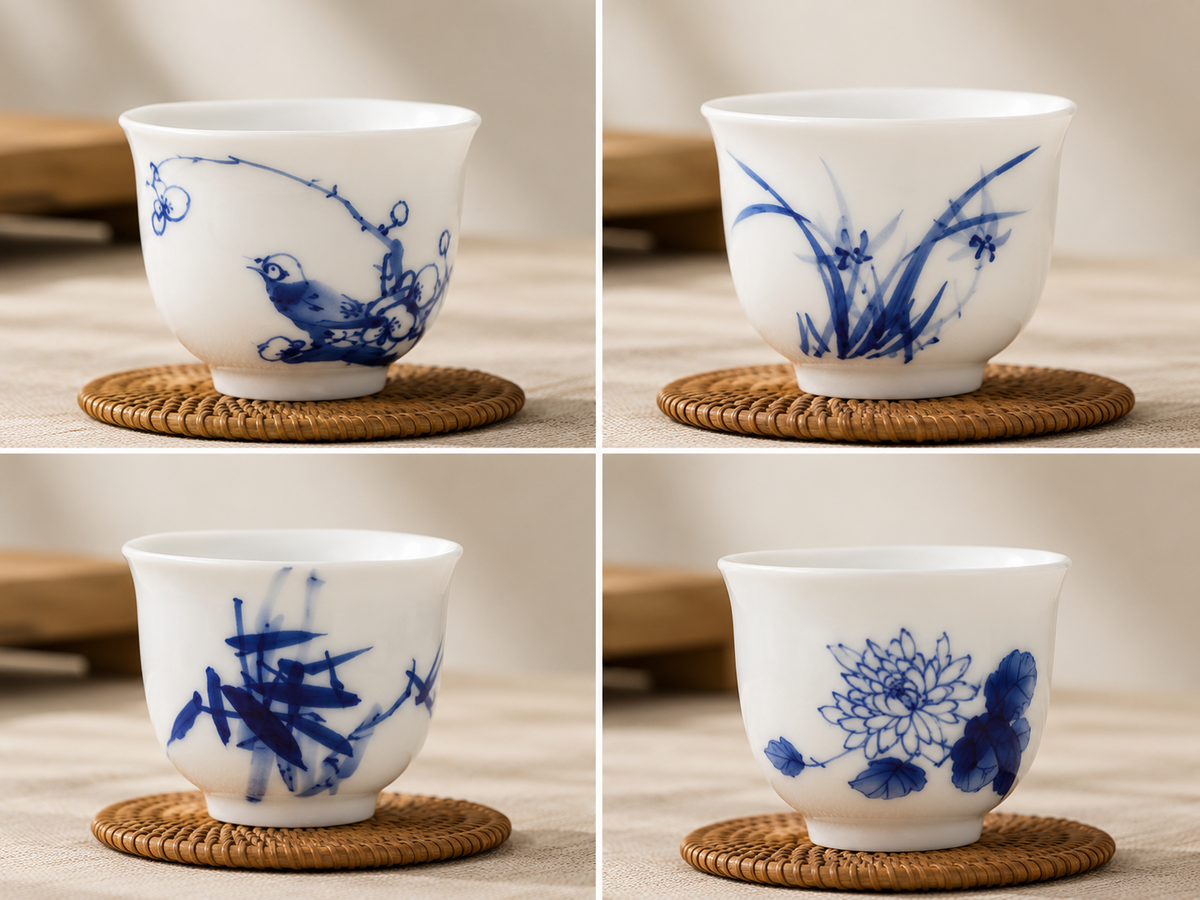 Four-panel view of Plum, Orchid, Bamboo and Chrysanthemum motifs across the complete tea cup set