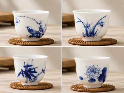 Four-panel view of Plum, Orchid, Bamboo and Chrysanthemum motifs across the complete tea cup set