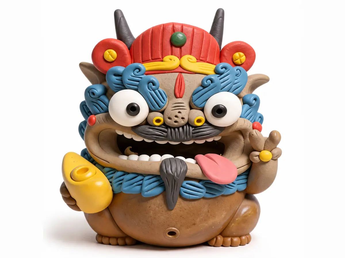 Front view of the Joy ceramic Pixiu incense holder holding a yellow ingot and raising a V sign