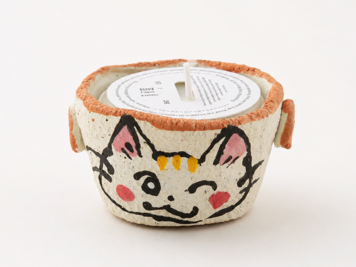 Hand-painted Kitty ceramic scented candle with a winking cat face and orange rim